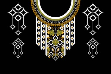 Güzel bir kabile geometrik kolye deseni geleneksel olarak siyah arkaplan üzerinde. Siyah arkaplan işlemeli soyut vektör çizimi. Doku, kumaş ve moda kadınları için tasarım.