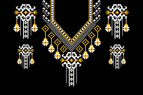黒の背景に伝統的な美しい図部族の幾何学的な民族のネックレスの花のパターン アステカスタイルの刺繍抽象的なベクトルのイラスト — ストックベクタ