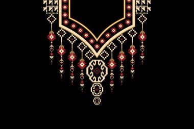 Güzel Hint kabilesi kolye desenleri geleneksel siyah arkaplanda. Özenli, soyut vektör çizimi. Doku, kumaş, giysi ve moda kadınları için tasarım..