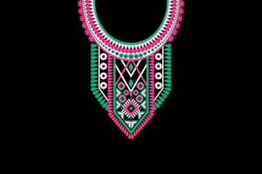 Güzel Hint kabilesi kolye deseni geleneksel siyah arka plan. Nakış, soyut, vektör çizimi. Doku, kumaş, giysi, moda kadınları için tasarım..