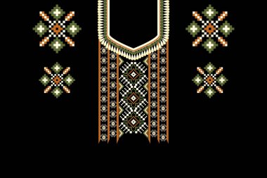 Güzel Hint kabilesi kolye deseni geleneksel siyah arka plan. Nakış, soyut, vektör çizimi. Doku, kumaş, giysi, moda kadınları için tasarım..