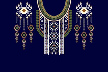 Güzel bir kabile figürü Ukrayna geometrik etnik yaka deseni mavi arka planda geleneksel çiçek deseni. Nakış, soyut, vektör çizimi. Doku için tasarım, moda kadınları.