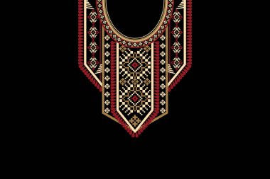 Güzel bir kabile geometrik yaka dantelli doğu deseni. Siyah arka plan üzerinde geleneksel. Soyut vektör çizimi. Doku, kumaş ve moda kadınları için tasarım..