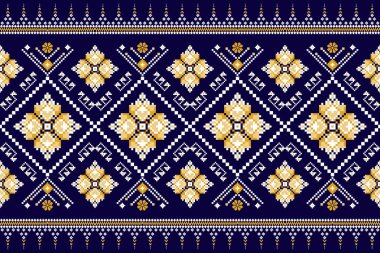 Güzel çapraz ilmek figürü kabile geometrik geleneksel donanma arkaplanı. Sarı ve beyaz tonda. Antik iç mekan sanatı, patola sari, modern halı, örgü desenli..