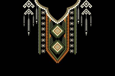 Güzel Hint kabilesi kolye deseni geleneksel siyah arka plan. Nakış, soyut, vektör çizimi. Doku, kumaş, giysi, moda kadınları için tasarım..