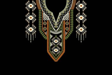 Güzel Hint kabilesi kolye deseni geleneksel siyah arka plan. Nakış, soyut, vektör çizimi. Doku, kumaş, giysi, moda kadınları için tasarım..