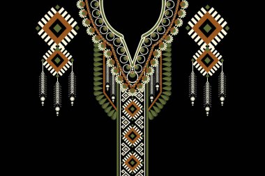 Güzel Hint kabilesi kolye deseni geleneksel siyah arka plan. Nakış, soyut, vektör çizimi. Doku, kumaş, giysi, moda kadınları için tasarım..