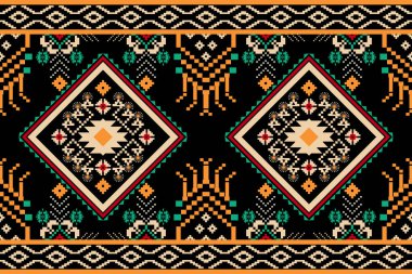 Siyah zemin üzerinde geleneksel Afrika kabile geometrik etnik deseni. Özet stil nakışı. Doku, kumaş, giysi, ambalaj, baskı için tasarım..