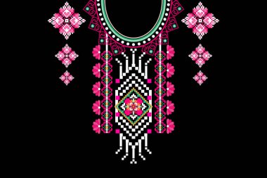 Güzel Hint kabilesi kolye deseni geleneksel siyah arka plan. Nakış, soyut, vektör çizimi. Doku, kumaş, giysi, moda kadınları için tasarım..