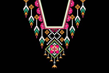 Güzel Hint kabilesi kolye deseni geleneksel siyah arka plan. Nakış, soyut, vektör çizimi. Doku, kumaş, giysi, moda kadınları için tasarım..