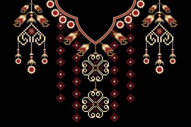 Güzel bir kabile geometrik yaka dantelli doğu deseni. Siyah arka plan üzerinde geleneksel. Soyut vektör çizimi. Doku, kumaş ve moda kadınları için tasarım..