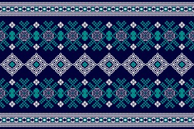 Mavi zemin üzerinde güzel yerli çapraz dikiş deseni. Soyut vektör deseni nakışı. Yeşil yapraklı beyaz oryantal desen. Doku, kumaş, giysi, ambalaj, halı, iz..