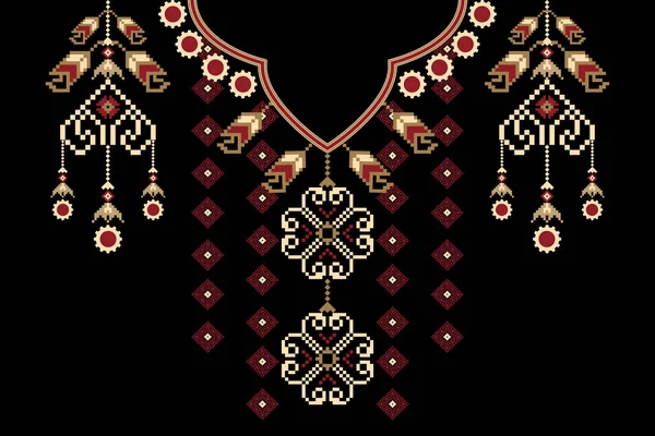 美しい図部族の幾何学的な民族の襟レース黒の背景に伝統的な東洋のパターン アステカスタイルの刺繍抽象的なベクトルのイラスト — ストックベクタ