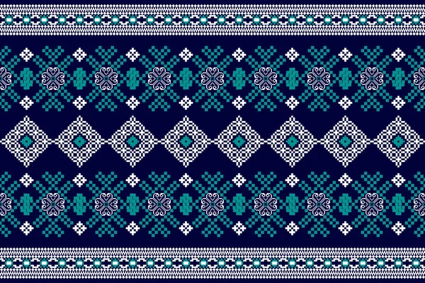 Mavi zemin üzerinde güzel yerli çapraz dikiş deseni. Soyut vektör deseni nakışı. Yeşil yapraklı beyaz oryantal desen. Doku, kumaş, giysi, ambalaj, halı, iz..