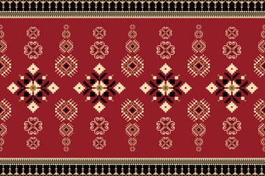 Güzel bir kabile geometrik etnik desen geleneksel kırmızı zemin üzerinde. Nakış, soyut, vektör, illüstrasyon. Doku, kumaş, kıyafet, ambalaj, halı, baskı için tasarım..