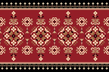 Güzel bir kabile geometrik etnik desen geleneksel kırmızı zemin üzerinde. Nakış, soyut, vektör, illüstrasyon. Doku, kumaş, kıyafet, ambalaj, halı, baskı için tasarım..