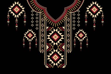 Güzel Afrika yaka nakışı. Geometrik etnik oryantal desen geleneksel olarak siyah zemin üzerinde. Soyut, vektör, çizim. Doku, kumaş, moda kadınları için tasarım..