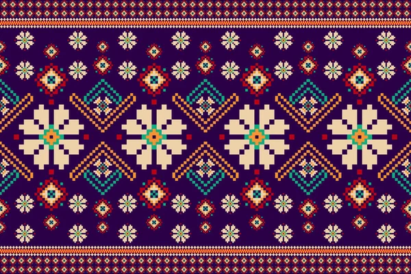 Beautiful Knitted Embroidery Geometric Ethnic Oriental Seamless Pattern Purple Background — Vector de stock