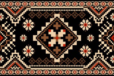 Güzel bir kabile figürü olan Mısır geometrik etnik oryantal deseni geleneksel olarak siyah zemin üzerinde. Nakış, soyut, vektör çizimi. Doku, kumaş, giysi, ambalaj, baskı için tasarım.