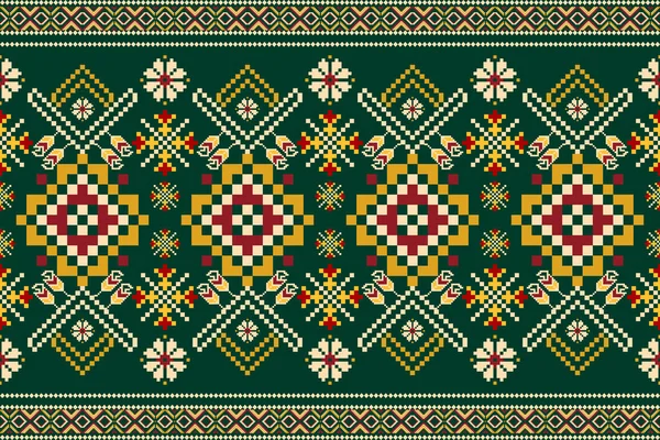 Beautiful Knitted Embroidery Geometric Ethnic Oriental Pattern Traditional Green Background — Vetor de Stock