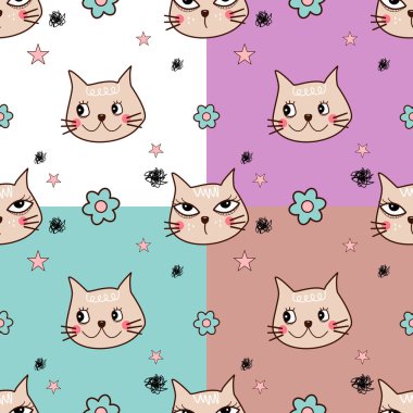 Beyaz, mor, yeşil ve kahverengi zemin üzerine çizilmiş şirin çizgi film karakteri el çizimi. Kedi, pembe çiçekler ve yıldız deseni. Doku, kumaş, giysi, baskı için karalama sanat vektörü çizimi..