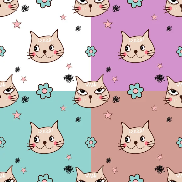 Beyaz, mor, yeşil ve kahverengi zemin üzerine çizilmiş şirin çizgi film karakteri el çizimi. Kedi, pembe çiçekler ve yıldız deseni. Doku, kumaş, giysi, baskı için karalama sanat vektörü çizimi..