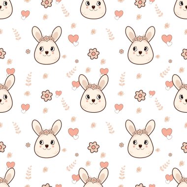 Tavşan, pembe çiçekler, yaprak, beyaz zemin üzerinde kalp. Çizgi film karakteri el çizimi vektör çizimi. Doku, kumaş, giysi, ambalaj kağıdı, yapıştırma defteri, baskı kitabı için tasarım..
