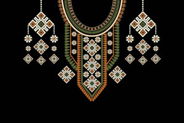 Güzel Hint kabilesi kolye deseni geleneksel siyah arka plan. Nakış, soyut, vektör çizimi. Doku, kumaş, giysi, moda kadınları için tasarım..