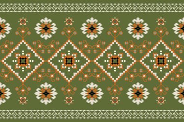 Güzel Hint nakışı. Geometrik etnik oryantal desen geleneksel yeşil zemin üzerinde. Soyut, vektör, illüstrasyon. Doku, kumaş, giysi, ambalaj, dekorasyon, halı için tasarım..