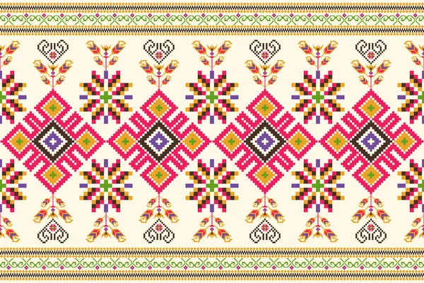 Colorful Knitted Embroidery Geometric Ethnic Oriental Pattern Traditional Cream Background — Stockvector