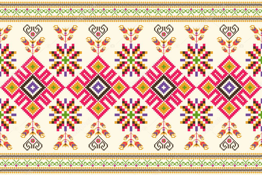 Colorful knitted embroidery.geometric ethnic oriental pattern traditional on cream background.Aztec style,embroidery,abstract,vector,illustration.design for texture,fabric,clothing,wrapping,carpet.