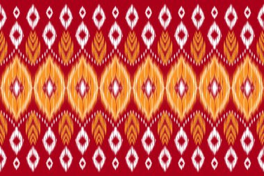 Güzel Ikat nakışı. Geometrik etnik doğulu dikişsiz desen kırmızı zemin üzerinde geleneksel. Soyut, soyut, vektör, illüstrasyon. Doku, kumaş, giysi, ambalaj, halı, baskı için tasarım..