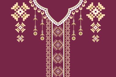 Güzel yaka nakışı. Geometrik etnik oryantal desen Fuchsia arka planında geleneksel. Soyut, soyut, vektör, illüstrasyon. Doku, kumaş, giysi ve moda kadınları için tasarım.