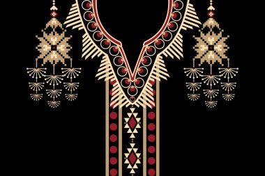 Siyah zemin üzerinde geleneksel geleneksel kabile figürlü kabile kolyesi çiçek desenli etnik desen. Soyut vektör çizimi. Doku, kumaş ve moda kadınları için tasarım..