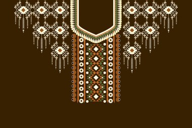 Güzel Hint yaka nakışı. Geometrik etnik oryantal desen kahverengi zemin üzerinde geleneksel. Soyut, vektör, illüstrasyon. Doku, kumaş, giysi ve moda kadınları için tasarım.