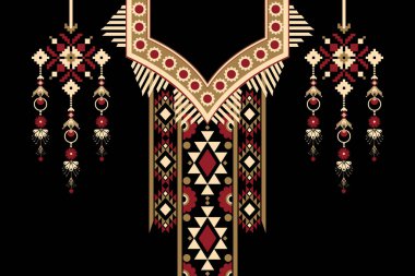 Siyah zemin üzerinde geleneksel geleneksel kabile figürlü kabile kolyesi çiçek desenli etnik desen. Soyut vektör çizimi. Doku, kumaş ve moda kadınları için tasarım..