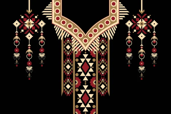 Siyah zemin üzerinde geleneksel geleneksel kabile figürlü kabile kolyesi çiçek desenli etnik desen. Soyut vektör çizimi. Doku, kumaş ve moda kadınları için tasarım..