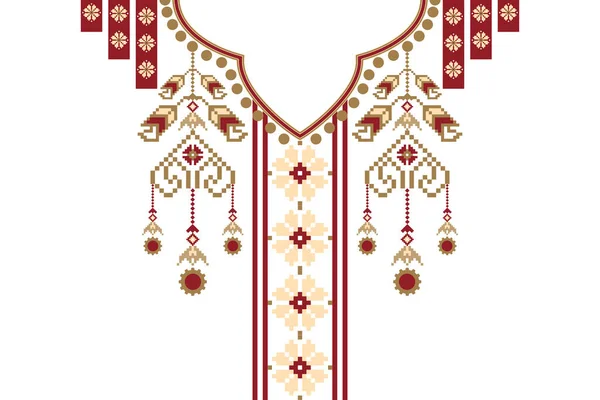 Beautiful Indian Neckline Embroidery Geometric Ethnic Oriental Pattern Traditional White — Vettoriale Stock