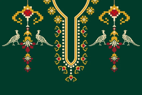 Beautiful Neckline Embroidery Geometric Ethnic Oriental Pattern Traditional Green Background — Wektor stockowy