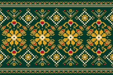Beautiful knitted embroidery.geometric ethnic oriental pattern traditional on green background.Aztec style,abstract,vector,illustration.design for texture,fabric,clothing,wrapping,decoration,carpet.