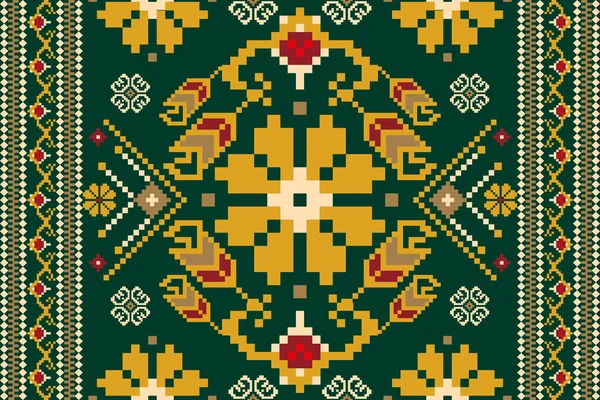 美しいペルシャのニット刺繍 緑の背景に伝統的な幾何学的な民族東洋のシームレスなパターン アステカスタイル 抽象的 ベクトル イラスト — ストックベクタ