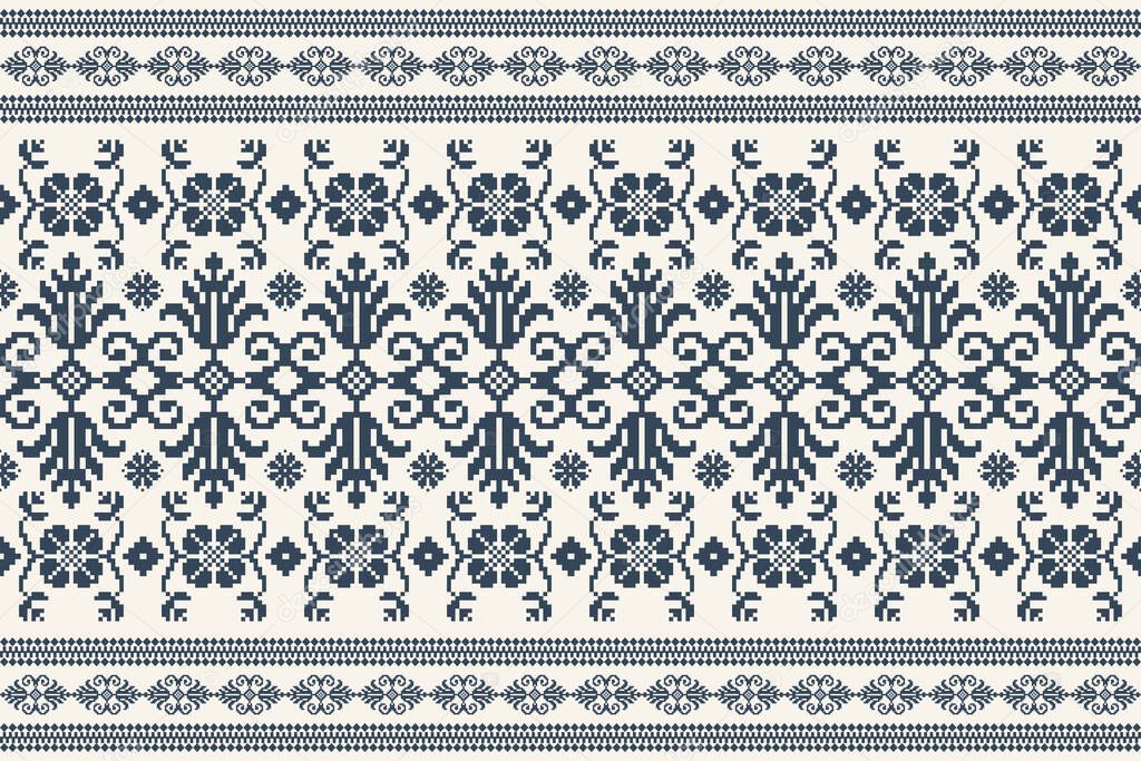 Beautiful knitted embroidery.geometric ethnic oriental pattern traditional background.blue and white tone.Aztec style,abstract,vector,illustration.design for texture,fabric,clothing,wrapping,carpet.