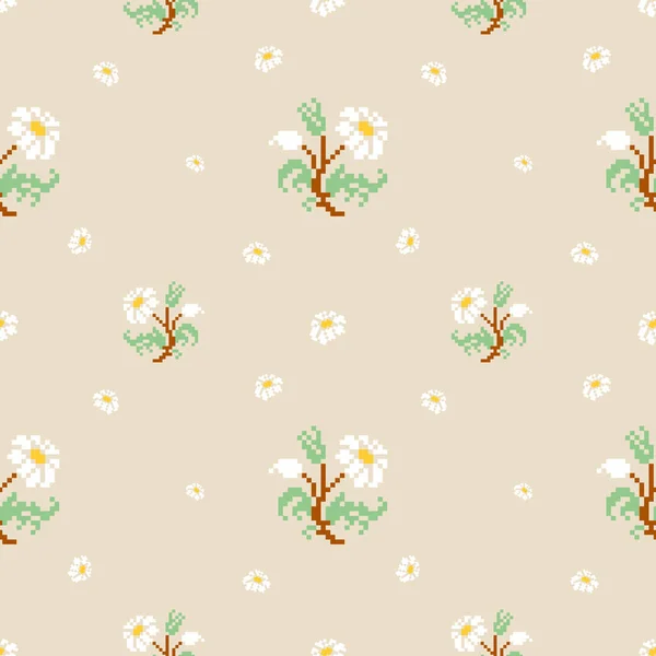 Beautiful White Floral Seamless Pattern Brown Background Daisy Leaves Branch — Vector de stock