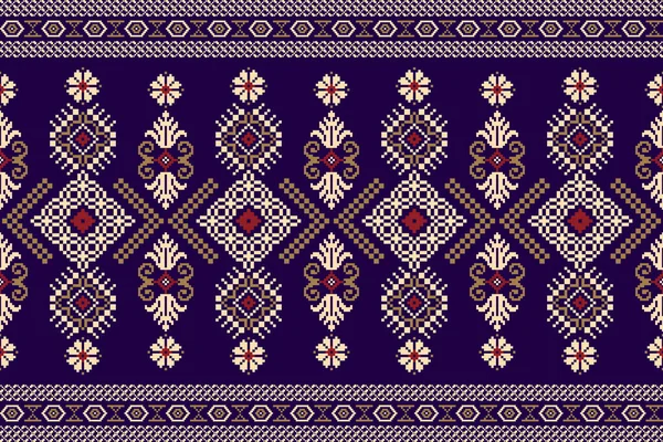 Beautiful Knitted Embroidery Geometric Ethnic Oriental Pattern Traditional Navy Blue — 图库矢量图片