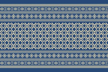 Güzel Tayland örgü nakışı. Geometrik etnik desen geleneksel arka plan. Mavi ve krem rengi, soyut, vektör, illüstrasyon. Doku, kumaş, giysi, ambalaj tasarımı.