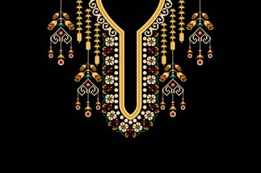 Güzel çiçekli yaka nakışı. Geometrik etnik oryantal desen geleneksel olarak siyah zemin üzerinde. Soyut, vektör, illüstrasyon. Doku, kumaş, moda kadınları için tasarım, giysi,