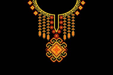 Güzel çiçekli yaka nakışı. Geometrik etnik oryantal desen geleneksel olarak siyah zemin üzerinde. Soyut, vektör, illüstrasyon. Doku, kumaş, moda kadınları için tasarım, giysi,