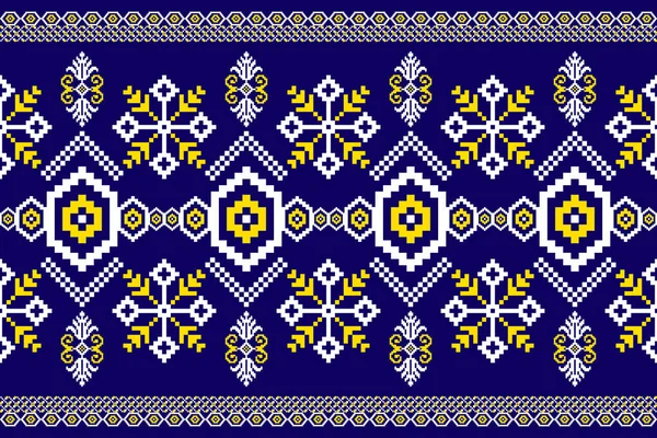美しいニット刺繍 青の背景に伝統的な幾何学的な民族の東洋のパターン 黄色と白のトーン Aztecスタイル 抽象的 ベクトル イラスト テクスチャ ファブリック 印刷のためのデザイン — ストックベクタ