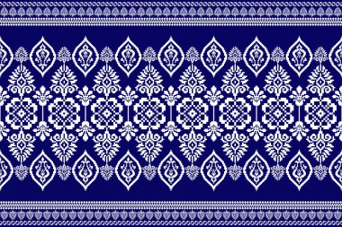 Güzel figür Tayland kabilesi nakışı. Geometrik etnik desen geleneksel arka plan. Mavi ve beyaz ton. Soyut, vektör, illüstrasyon. Moda, kumaş, doku, halı tasarımı..