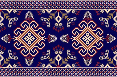 Güzel bir kabile figürü örülmüş nakış, geometrik etnik oryantal desen geleneksel mavi arka plan. Soyut, vektör, illüstrasyon. Doku, kumaş, giysi, ambalaj, halı tasarımı..